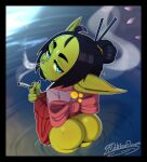 2024 asian_clothing big_butt blue_eyes butt cigarette clothing delicioussoup digital_media_(artwork) ear_accessory ear_piercing east_asian_clothing female goblin green_body green_skin hair hair_bun half-closed_eyes hi_res high-angle_view humanoid humanoid_pointy_ears japanese_clothing kimono looking_at_viewer looking_up looking_up_at_viewer markings mole_(marking) mole_on_butt mune_(delicioussoup) narrowed_eyes not_furry partially_submerged piercing short_stack smoke smoke_from_nose smoking solo water