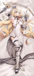  1girl arm_up armor bangs blonde_hair blush breasts cleavage dress eyebrows_visible_through_hair fate/apocrypha fate/grand_order fate_(series) flag floral_background flower full_body gauntlets hair_between_eyes headpiece highres jeanne_d&#039;arc_(fate)_(all) large_breasts lily_(flower) long_hair looking_at_viewer lying no-kan on_back revealing_clothes smile solo thighs very_long_hair 