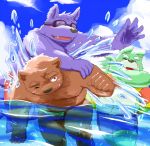  2012 anthro bathing belly black_nose brown_body brown_fur canid canine canis fur green_body green_fur group humanoid_hands kemono male mammal misterdonn outside purple_body purple_fur slightly_chubby ursid water wolf 
