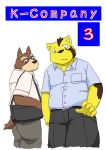 2012 absurd_res anthro bottomwear brown_body brown_fur canid canine canis clothing domestic_dog duo eyewear fur glasses hi_res humanoid_hands kemono male mammal misterdonn pants shirt simple_background slightly_chubby text topwear white_background 