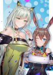  2girls ;) alternate_costume amiya_(arknights) animal_ear_fluff animal_ears arknights bangs bare_shoulders black_dress blue_background blue_eyes blue_ribbon blush breasts brown_hair bunny_ears cake candy commentary_request dress drop_shadow eyebrows_visible_through_hair food green_dress green_eyes hand_up highres holding holding_plate kal&#039;tsit_(arknights) lollipop long_hair long_sleeves looking_at_viewer medium_breasts multiple_girls off-shoulder_dress off_shoulder one_eye_closed ore_lesion_(arknights) plate ribbon sidelocks silver_hair sking smile upper_body 