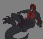 absurd_res anthro ball_tuft balls claws dinosaur erection genitals glans hi_res humanoid_genitalia humanoid_penis looking_at_viewer male muscular muscular_anthro muscular_male penis perxenate prehistoric_species reptile scalie simple_background solo tagg tail teeth toe_claws tuft unuct