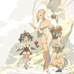 3girls :d angel angel_wings backless_dress backless_outfit backpack bag bangs bare_shoulders black_dress black_eyes black_footwear black_legwear blonde_hair blunt_bangs breasts child clover cropped_jacket demon_girl demon_horns demon_wings dress drill_hair feathered_wings flower four-leaf_clover gown grey_eyes hair_bun hair_over_one_eye halo handbag highres horns itoucon jacket jewelry kneehighs large_breasts loafers long_hair long_sleeves looking_at_another multiple_girls necklace off-shoulder_dress off_shoulder open_mouth original pleated_dress pointy_ears red_flower red_rose rose shoes short_hair side_slit sitting smile squatting standing test_tube thighlet tree twin_drills twintails white_dress white_footwear white_hair white_jacket white_legwear white_wings wings 