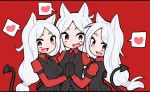  3girls animal_ears armband belt black_gloves black_neckwear black_tail black_vest blush cerberus_(helltaker) collared_shirt demon_girl demon_tail dog_ears dog_girl eyebrows_visible_through_hair fang fangs formal gloves hand_on_another&#039;s_back hand_on_another&#039;s_hip heart helltaker holding_hands interlocked_fingers long_hair long_sleeves matching_outfit monster_girl multiple_girls necktie neckwear open_eyes open_mouth red_background red_shirt shirt siblings simple_background sisters speech_bubble suit tail triplets upper_body ushidaihuku very_long_hair vest white_hair 