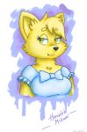  anthro bangs blue_clothing blue_dress canid canine clothed clothing dress female fur hasukii_mikami hi_res looking_at_viewer mammal portrait sammfeatblueheart simple_background solo yellow_body yellow_eyes yellow_fur 