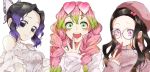  3girls :d bare_shoulders beanie bespectacled black_eyes black_hair bow butterfly_hair_ornament covering_mouth eyewear_on_head glasses gradient_hair green_eyes green_hair hair_bow hair_intakes hair_ornament hand_over_own_mouth hat heart heart-shaped_eyewear highres holding_lipstick_tube hoshikawa_(hoshizorafes) kamado_nezuko kanroji_mitsuri kimetsu_no_yaiba kochou_shinobu lipstick_tube long_hair looking_at_viewer mole mole_under_eye multicolored_hair multiple_girls open_mouth pink-tinted_eyewear pink_bow pink_eyes pink_hair pink_headwear pink_nails pink_sweater shirt short_hair smile sweater tri_braids upper_body very_long_hair white_shirt white_sweater 