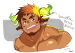  1boy absurdres animal_ears bangs bara beard blush brown_hair chest close-up collarbone face facial_hair facial_mark fai_storage forked_eyebrows glowing glowing_horns goatee gradient gradient_hair highres horns male_focus manly multicolored_hair muscle native_american open_mouth pectorals shirtless signature simple_background sketch smile solo teeth thick_eyebrows tokyo_houkago_summoners upper_body wakan_tanka 