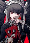  1girl absurdres aegyo_sal airange bell bell_earrings black_hair black_jacket black_nails blazer bow bow_hairband breasts card celestia_ludenberg chin_strap chinese_commentary cross-laced_clothes cross-laced_sleeves danganronpa:_trigger_happy_havoc danganronpa_(series) drill_hair earrings fingernails frilled_hairband frills hair_ribbon hairband hand_on_own_chin hand_up highres holding holding_card jacket jewelry jingle_bell jingle_bell_earrings layered_clothes layered_sleeves long_fingernails long_hair long_sleeves looking_at_viewer lower_teeth_only monokuma nail_polish necktie open_mouth playing_card print_necktie raised_eyebrows red_background red_eyes red_necktie ribbon ringed_eyes saturated shirt simple_background small_breasts solar solo spider_web_print teeth twin_drills upper_body v-bangs very_long_hair white_bow white_hairband white_ribbon white_shirt wing_collar 