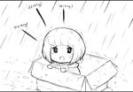  1girl bangs blunt_bangs bob_cut box cardboard_box chibi commentary english_commentary english_text for_adoption greyscale in_box in_container lutherniel monochrome open_mouth rain sad short_hair sister_of_battle solo warhammer_40k wet 