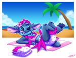  alien anthro beach blue_body blue_eyes blue_fur blue_nose blue_sclera blush claws diaper disney experiment_(lilo_and_stitch) fingers flower fur lilo_and_stitch lying male pink_flower pink_inner_ear plant rexam-1 seaside sharp_teeth solo stitch_(lilo_and_stitch) teeth toe_claws toes towel tree water 