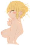  1girl blonde_hair blush boku_no_hero_academia breasts cropped_torso double_bun hair_bun highres large_breasts looking_at_viewer medium_hair nipples rasusurasu sidelocks simple_background solo toga_himiko topless upper_body white_background yellow_eyes 