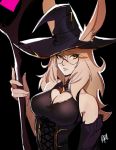  1girl animal_ears bangs black_mage blonde_hair breasts bunny_ears cleavage cleavage_cutout detached_sleeves distr ears_through_headwear english_commentary eyebrows_visible_through_hair final_fantasy final_fantasy_xiv glasses hat heart_cutout highres holding holding_staff long_hair looking_at_viewer medium_breasts round_eyewear sketch solo staff upper_body viera witch_hat yellow_eyes 