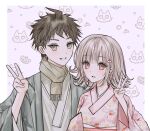  1boy 1girl :d ahoge animal_print blush brown_eyes brown_hair brown_scarf cat_print danganronpa_(series) danganronpa_2:_goodbye_despair ddubi dog_print flipped_hair highres hinata_hajime japanese_clothes kimono long_sleeves medium_hair nanami_chiaki scarf smile spaceship_hair_ornament v 