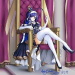  1girl 2019 adapted_costume ahoge black_footwear blue_eyes blue_hair breasts cape chaesu crossed_legs crown dated elbow_gloves english_commentary full_body fur_trim gloves hairband happy_birthday high_heels highres huge_ahoge legs long_hair long_legs medium_breasts mini_crown orie_(under_night_in-birth) pelvic_curtain sitting smile solo stiletto_heels throne under_night_in-birth under_night_in-birth_exe:late[st] white_gloves white_hairband white_legwear 