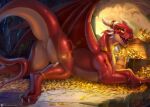 caddea claws coin crown dragon female feral headgear hi_res hoard looking_at_viewer lying mythological_creature mythological_scalie mythology on_front open_mouth open_smile raised_tail scalie side_view smile solo tail teeth treasure_hoard wings