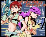  2girls cosplay dirty_pair gun hand_on_hip headband highres holding holding_gun holding_weapon katana_(life_is_beautiful) kei_(dirty_pair) kei_(dirty_pair)_(cosplay) kenjou_akira kirakira_precure_a_la_mode kotozume_yukari long_hair midriff multiple_girls oldschool precure purple_eyes purple_hair red_eyes red_hair short_hair thick_outlines weapon white_headband yuri_(dirty_pair) yuri_(dirty_pair)_(cosplay) 