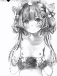  1girl animal_ears breasts closed_mouth copyright_request eyebrows_visible_through_hair gloves greyscale hair_ribbon hat highres looking_at_viewer low_twintails monochrome nanashi_(nlo74593630) nipples ribbon simple_background small_breasts smile solo twintails white_background 