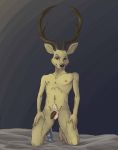  absurd_res anthro antlers balls beastars biped brown_body brown_fur cervid cervine digital_media_(artwork) ffog fur genitals hi_res horn humanoid_genitalia humanoid_penis looking_at_viewer louis_(beastars) male mammal nipples nude penis simple_background smile solo 