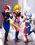  1980s_(style) 3girls armor black_armor blonde_hair blue_bodysuit blue_hair bodysuit boots breasts brown_eyes drill_hair elf energy_sword gloves holding iczer-1 iczer-2 iczer-3 iczer_(series) iczer_densetsu knee_boots long_hair looking_at_viewer multiple_girls oldschool open_mouth pink_bodysuit pointy_ears red_eyes red_hair rx92 smile sword tatakae!!_iczer-1 weapon white_hair 