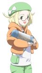  1girl bel_(pokemon) blonde_hair commentary_request glasses green_eyes hat jacket looking_at_viewer medium_hair open_mouth oxygen_destroyer pokemon pokemon_(game) pokemon_bw2 ribonzu simple_background smile solo white_background 