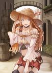  1girl :d bangs barrel black_legwear blonde_hair blue_eyes blush braid bush choker collarbone cosmic_break crop_top cross-laced_clothes crossover eyebrows_visible_through_hair garter_straps granblue_fantasy hair_between_eyes hat highres lecia_(granblue_fantasy) long_hair long_sleeves looking_at_viewer navel open_mouth outdoors red_shorts resha_(cosmic_break) ribbon_trim shorts smile solo sun_hat thighhighs tranquility_of_nature window 