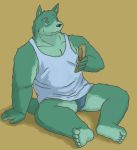  2010 anthro canid canine canis clothing fur green_body green_fur humanoid_hands kemono male mammal misterdonn phone shirt simple_background sitting solo topwear underwear wolf 