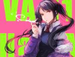  1girl bartender black_hair cigarette coat cocktail_glass collared_shirt copyright_name cup drinking_glass expressionless fumi_(rdbm) highres holding holding_cup jill_stingray looking_at_viewer necktie pink_background red_eyes shirt smoking solo twintails va-11_hall-a winter_clothes winter_coat 