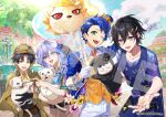  4boys animal_balloon aqua_eyes astel_leda belt bishounen black_hair blonde_hair blue_hair braid collarbone commentary_request copyright_notice curtained_hair earrings flower gloves green_eyes hair_between_eyes hair_ornament happy holding holostars jacket jewelry kanade_izuru lightning_bolt_hair_ornament lightning_bolt_symbol lion_cub long_hair long_sleeves looking_at_viewer male_focus minase_rio multicolored_hair multiple_boys official_alternate_costume official_art open_mouth outdoors pants purple_eyes reaching reaching_towards_viewer sample_watermark shirt short_hair side_braid smile standing streaked_hair tree virtual_youtuber watermark white_gloves white_shirt xia_(ryugo) yatogami_fuma yellow_eyes 