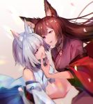  2girls :d amagi_(azur_lane) animal_ears azur_lane bare_shoulders black_kimono blue_eyes blue_skirt blush brown_hair commentary_request detached_sleeves expressionless fox_ears fox_girl hair_between_eyes hand_on_another&#039;s_face haori japanese_clothes kaga_(azur_lane) kaga_(battleship)_(azur_lane) kimono long_hair looking_at_another moji_(mojimozis) multiple_girls open_mouth parted_lips pink_eyes purple_eyes short_hair silver_hair skirt smile very_long_hair white_kimono wide_sleeves 