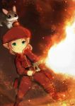  beret blue_eyes boots closed_mouth commentary commission cravat embers english_commentary final_fantasy final_fantasy_xiv flamethrower gun hat holding holding_gun holding_weapon jacket knee_boots lalafell long_sleeves lutherniel pants pink_hair pouch red_footwear red_headwear red_jacket red_neckwear red_pants red_theme short_hair smile squirrel standing weapon 