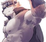  abs accessory anthro armpit_hair black_clothing body_hair brown_eyes canid canine canis chest_tuft clothing coat episode0006 fur grey_body grey_fur headband horkeukamui looking_at_viewer male mammal muscular muscular_male nipples pecs simple_background solo tokyo_afterschool_summoners topwear tuft video_games white_background wolf 