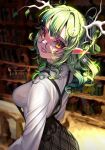  1girl alternate_ears antlers ark_evil02 black_bra black_skirt bookshelf bra breasts ceres_fauna ceres_fauna_(jirai_kei) commentary english_commentary flower from_side green_hair grin hair_flower hair_ornament highres hololive hololive_english horns impossible_clothes impossible_shirt large_breasts looking_at_viewer official_alternate_costume pointy_ears see-through see-through_shirt semi-rimless_eyewear shirt sideboob skirt smile solo twitter_username under-rim_eyewear underwear virtual_youtuber watermark yellow_eyes 