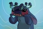  2020 alien black_eyes blue_background blue_body blue_claws blue_fur blue_nose claws disney dizzy experiment_(lilo_and_stitch) fingers fur lilo_and_stitch marine merfolk no_sclera onimatszy open_mouth simple_background stitch_(lilo_and_stitch) teeth 