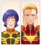  2boys :d ^_^ blonde_hair blue_eyes border char&#039;s_counterattack char_aznable closed_eyes crying crying_with_eyes_open facing_viewer furrowed_brow garma_zabi gradient_background green_jacket gundam hair_slicked_back hands_on_another&#039;s_cheeks hands_on_another&#039;s_face high_collar highres jacket light_particles long_hair looking_at_another looking_at_viewer male_focus military_uniform mobile_suit_gundam multiple_boys multiple_pov murakami_(mrkm3103) open_mouth orange_background pov purple_hair red_jacket scar scar_on_face scar_on_forehead short_hair shoulder_boards smile tears time_paradox upper_body white_background white_border 