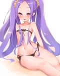  1girl bangs bare_shoulders black_panties blush breasts collarbone facial_mark fate/grand_order fate_(series) forehead forehead_mark gyaito hair_ornament hair_scrunchie long_hair looking_at_viewer navel open_mouth panties parted_bangs purple_eyes purple_hair ribbon_bra scrunchie shiny shiny_hair sidelocks simple_background sitting small_breasts smile thighs underwear very_long_hair white_background wu_zetian_(fate/grand_order) yellow_scrunchie 