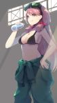  1girl :p absurdres akashi_(kantai_collection) alternate_costume black_bra bottle bra breasts cleavage clothes_around_waist eyebrows_visible_through_hair from_side goggles goggles_on_head green_jumpsuit hair_ribbon highres holding holding_bottle kantai_collection large_breasts long_hair midriff navel pink_hair ribbon sashimi0gou sideboob solo tongue tongue_out tress_ribbon underwear yellow_eyes 