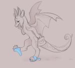  2d10 ambiguous_gender bag claws clothing digitigrade dragon feral flip_flops footwear furgonomics horn membrane_(anatomy) membranous_wings open_mouth pawpads restricted_palette sandals semi-anthro simple_background smile solo wings 