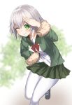  1girl ;) black_footwear blonde_hair blush eyebrows_visible_through_hair fur-trimmed_sleeves fur_trim green_eyes green_skirt inu3 kantai_collection leg_up long_sleeves mary_janes neck_ribbon one_eye_closed pantyhose pleated_skirt red_ribbon ribbon salute school_uniform serafuku shimushu_(kantai_collection) shoes short_hair silver_hair skirt smile solo white_legwear 