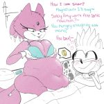  &lt;3 1:1 2020 afraart after_vore anthro bed belly big_belly big_breasts blaze_the_cat blue_clothing blush breasts clothing dialogue domestic_cat duo english_text eulipotyphlan felid feline felis female furniture hand_on_breast hedgehog inside male mammal monochrome overweight purple_body silver_the_hedgehog simple_background sonic_the_hedgehog_(series) text thick_thighs tongue tongue_out vore white_background 