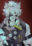  1boy animal_ear_fluff animal_ears aratakosu_(tako&#039;s) arm_belt artist_name belt belt_buckle black_belt black_gloves body_fur breast_pocket buckle buttons closed_mouth collared_vest commentary_request eyepatch fingerless_gloves furry furry_male gloves glowing glowing_eye grey_hair grey_vest hair_between_eyes hand_up highres lapels looking_at_viewer male_focus multicolored_hair muzzle one_eye_covered pocket red_background red_eyes shirt short_hair short_sleeves signature simple_background smile solo streaked_hair twitter_username upper_body vest von_lycaon watermark web_address white_fur white_hair white_shirt wolf_boy wolf_ears zenless_zone_zero 
