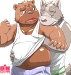  2016 absurd_res anthro blush bulge canid canine canis clothing domestic_dog duo hi_res humanoid_hands kemono male male/male mammal misterdonn overweight overweight_male underwear undressing ursid 