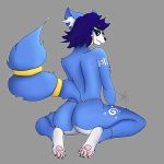  2020 anthro awkwardberd blue_body blue_fur butt canid canine digital_media_(artwork) female fox fur hair hindpaw jewelry krystal looking_at_viewer mammal nintendo nude pawpads paws simple_background smile solo star_fox toes video_games 