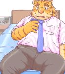  2019 anthro bed belly bottomwear clothing detailed_background felid furniture humanoid_hands kemono male mammal misterdonn necktie overweight overweight_male pantherine pants phone shirt sitting solo tiger topwear 