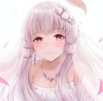  1girl breasts bride cleavage closed_mouth dress fire_emblem fire_emblem:_three_houses hair_ornament jewelry leonmandala long_hair lysithea_von_ordelia necklace petals pink_eyes simple_background smile solo upper_body wedding_dress white_background white_hair 