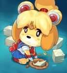  animal_crossing anthro bottomwear canid canine canis chibi clothing cosplay crossover crossover_cosplay dirt domestic_dog ear_piercing female hi_res isabelle_(animal_crossing) mammal nintendo piercing reiq sailor_moon_(series) sailor_moon_redraw_challenge serafuku skirt video_games 