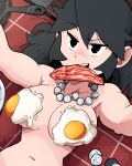  1girl bacon black_eyes black_hair breasts egg eyebrows_visible_through_hair food jewelry large_breasts long_hair lucia_(scott_malin) mouth_hold navel necklace nude original parted_lips salt scott_malin shadow solo sunny_side_up_egg tile_floor tiles upper_body 