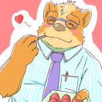  &lt;3 2019 anthro canid canine canis clothing domestic_dog eating eyes_closed eyewear food glasses humanoid_hands kemono male mammal misterdonn necktie shirt slightly_chubby solo topwear 