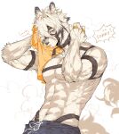  ... 1boy abs anger_vein animal_ear_fluff animal_ears arm_strap biceps black_choker black_hair body_fur chest_harness choker commentary english_text eyepatch fang furry furry_male hair_between_eyes hair_intakes hands_up harness haru41113 highres holding holding_towel looking_at_viewer male_focus multicolored_hair muzzle navel one_eye_covered open_mouth pectorals red_eyes short_hair simple_background solo speech_bubble spoken_anger_vein spoken_ellipsis stomach streaked_hair symbol-only_commentary tail topless_male towel veins von_lycaon wet wet_hair white_background white_fur white_hair wolf_boy wolf_ears wolf_tail zenless_zone_zero 
