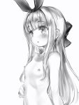  1girl bangs blunt_bangs blush bow breasts eyebrows_visible_through_hair greyscale hair_bow highres long_hair looking_at_viewer monochrome mononobe_alice nanashi_(nlo74593630) nijisanji nipples nude parted_lips simple_background small_breasts solo upper_body white_background 