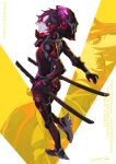  1girl absurdres alternate_costume black_bodysuit black_hair bodysuit cyberpunk elbow_pads full_body glowing_lines helmet highres iris_black_games kisaragi_ren_(vtuber) knee_pads light_smile looking_back nemoto_yuuma power_suit purple_visor red_eyes short_hair standing sword two-tone_background virtual_youtuber visor_(armor) vspo! weapon white_background zoom_layer 